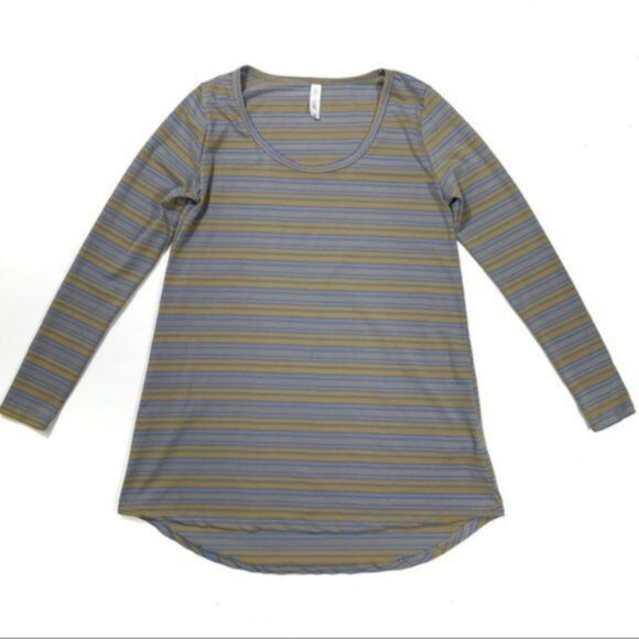 LuLaRoe Lynnae Tee Size XS Striped Long Sleeve Blue Yellow Curved Hem Scoop Neck - Picture 3 of 6